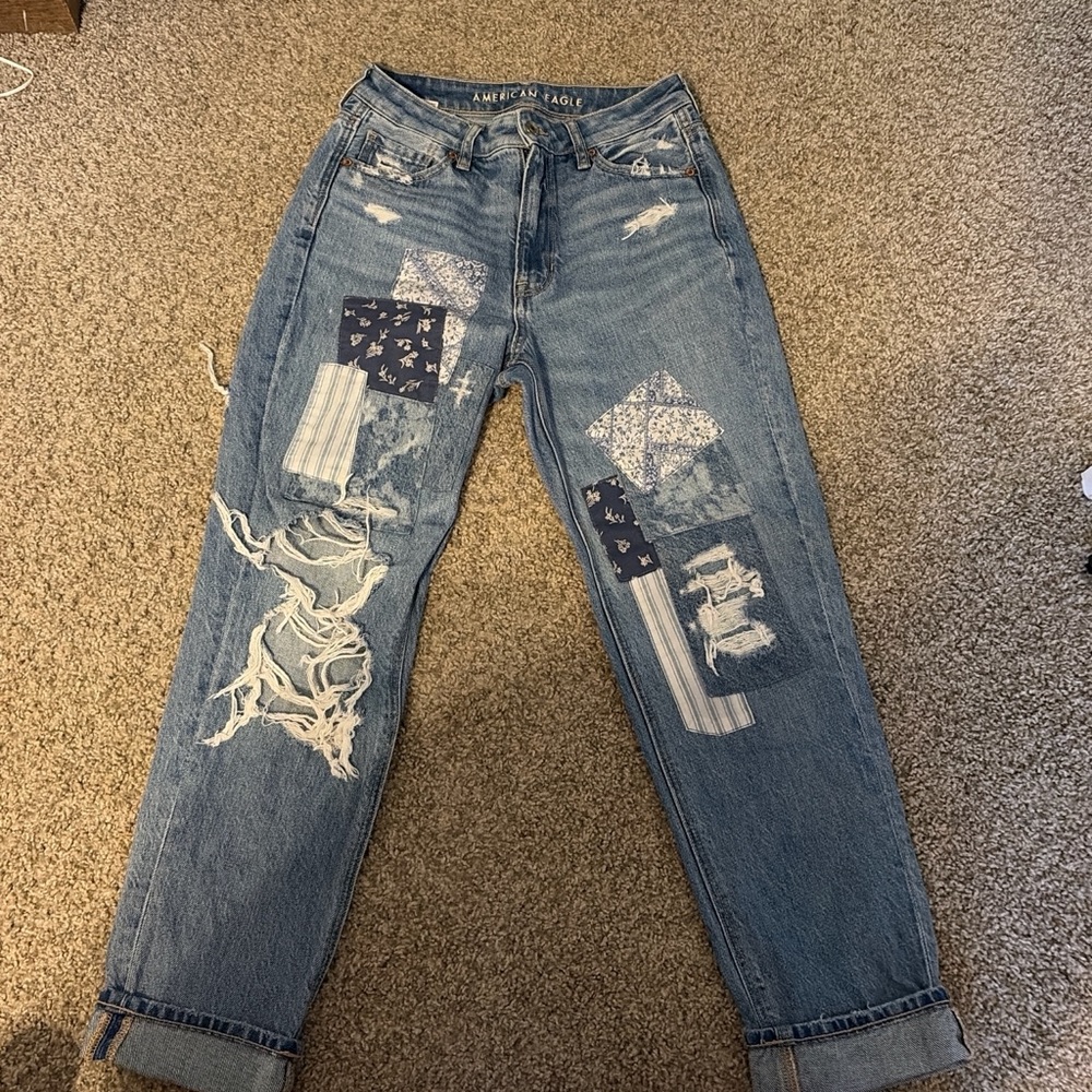 American Eagle Outfitters Blue Straight Leg Jeans with Patchwork